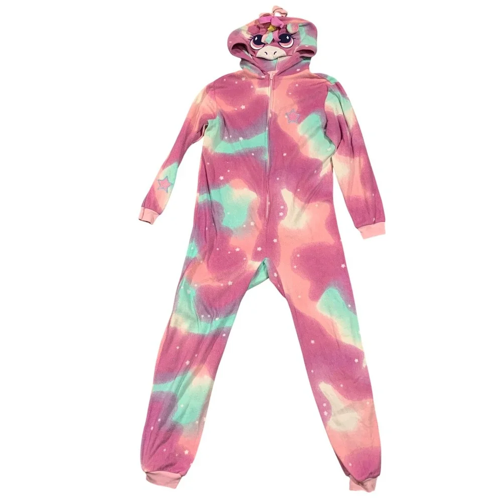 Cat & Jack Unicorn Pajamas L (10/12) Purple Pink Tie‎ Dye Star Hooded Onesie